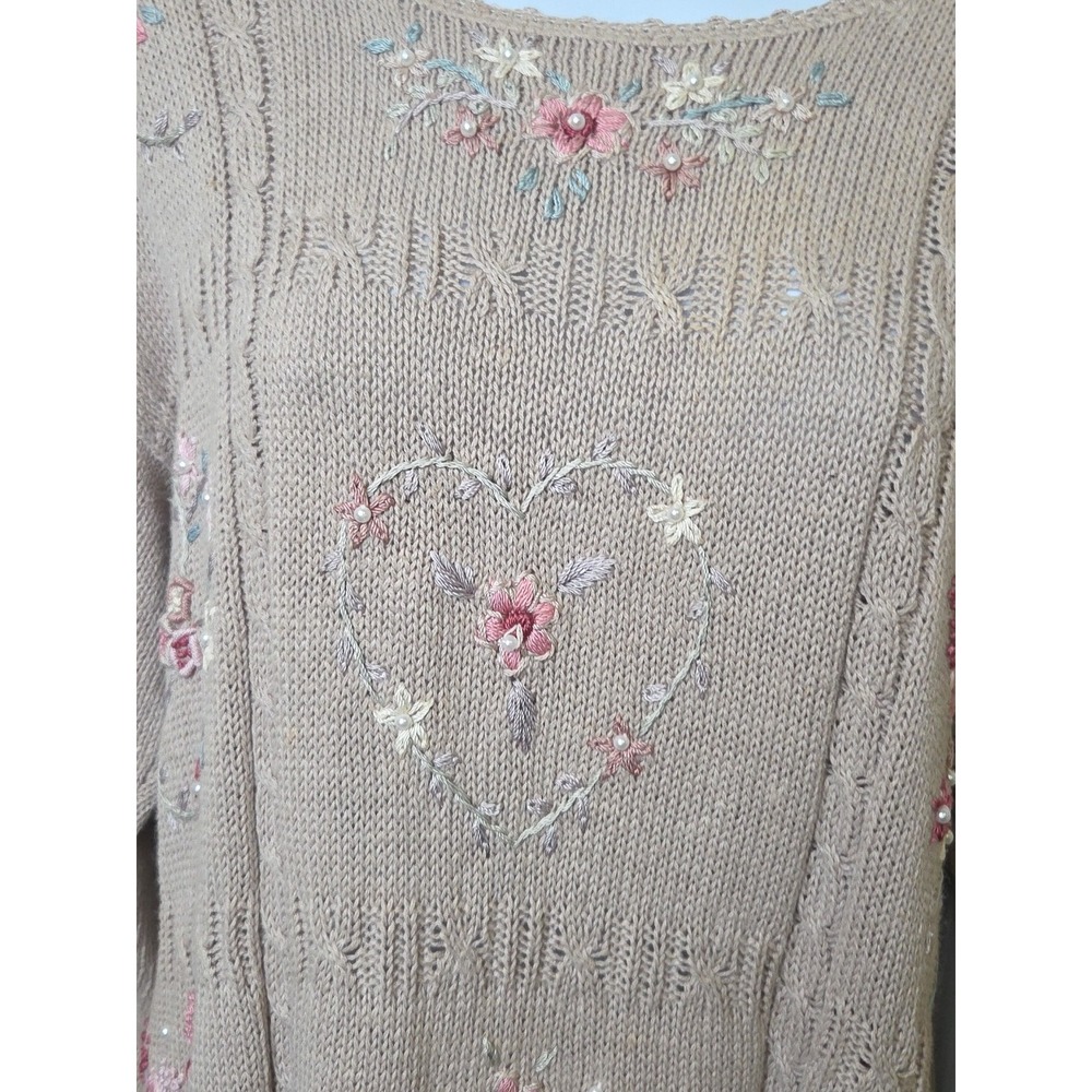 Vtg 1990s Embroidered Pearl Heart Flower Cable Knit Sweater Cottage Tan Tunic M - Picture 3 of 14